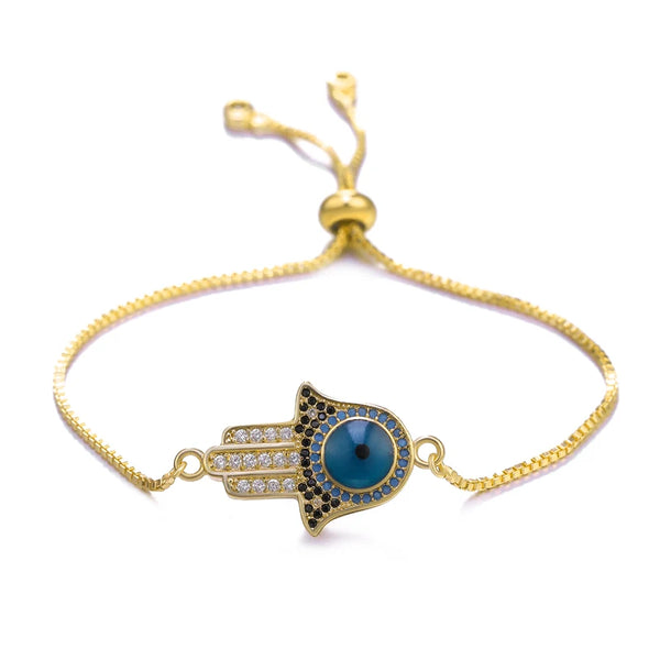 Juya 18K Real Gold Plated Adjustable Chains Multicolor Zirconia Hamsa Fatima Enamel Greek Evil Eye Charms Bracelets For Women