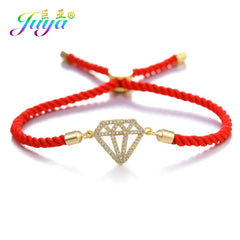 Juya Handmade Red Thread Bracelet Supplies Cubic Zirconia Flower Charm Bracelet For Women Fashion Adjustable String Bracelet