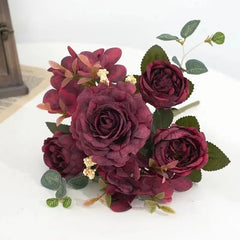 Artificial Flowers Retro Silk Rose Bouquet Hydrangea Peony Vintage Bride Holding Fake Plants Home Wedding Decoration Accessories