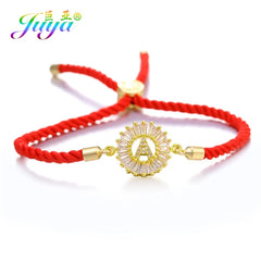 Juya Handmade Red Thread Bracelet Supplies Cubic Zirconia Flower Charm Bracelet For Women Fashion Adjustable String Bracelet