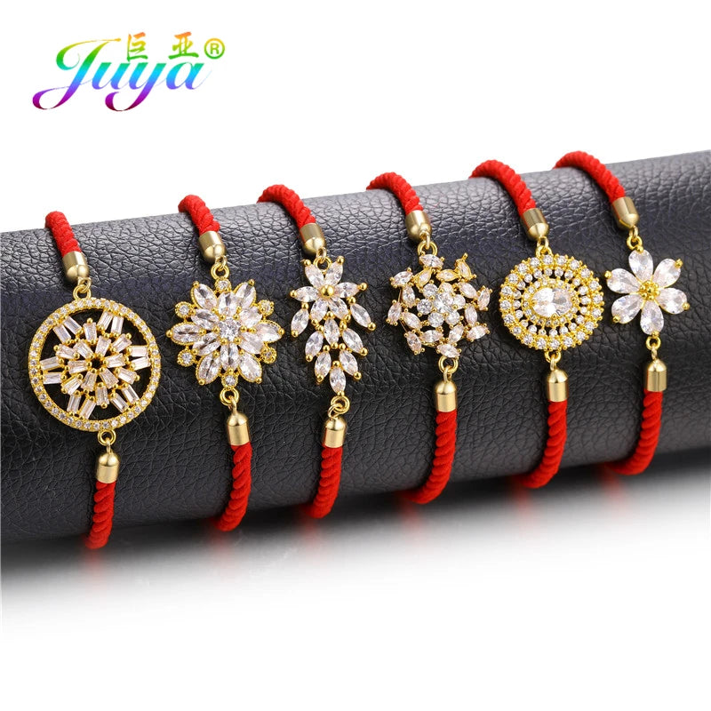 Juya Handmade Red Thread Bracelet Supplies Cubic Zirconia Flower Charm Bracelet For Women Fashion Adjustable String Bracelet