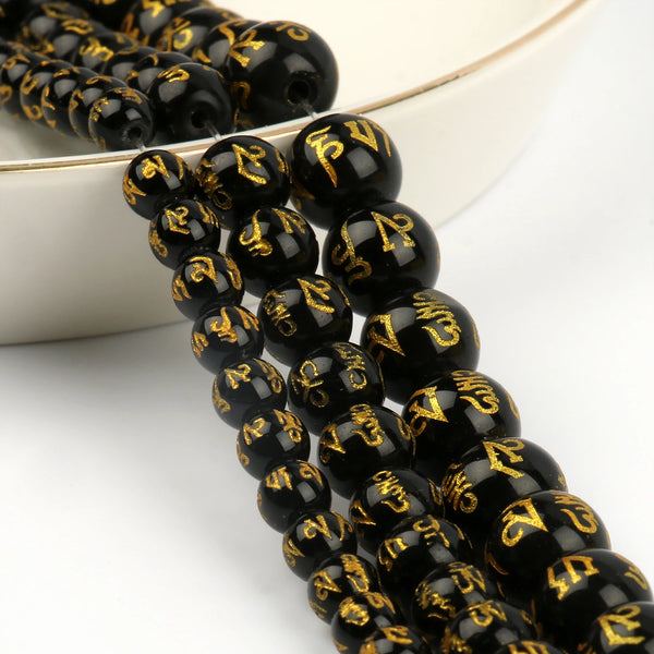 8/10mm Six Word Mantra Prayer Feng Shui Beads Black Obsidian Agate Round Buddha Beads for DIY Bracelets Jewelry Making Accsories