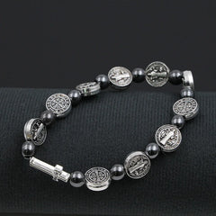 VILLWICE Catholic Rosary Bracelet St. Benedict Medal Cross Prayer Bracelets Hematite Beads Religion Jewelry Accessories