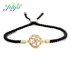 Juya Handmade Red Thread Bracelet Supplies Cubic Zirconia Flower Charm Bracelet For Women Fashion Adjustable String Bracelet