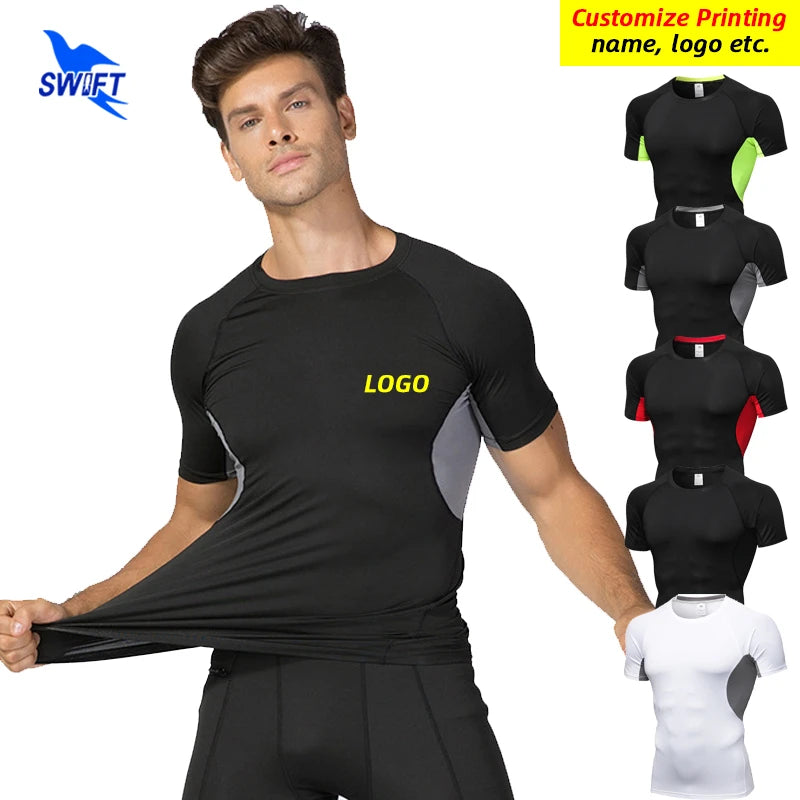 Summer Breathable Mesh Patchwork Running T-Shirts Men Quick Dry Elastic Short Sleeve Tops Fitness Gym Sports Rashguard Customize