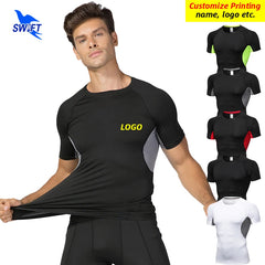 Summer Breathable Mesh Patchwork Running T-Shirts Men Quick Dry Elastic Short Sleeve Tops Fitness Gym Sports Rashguard Customize
