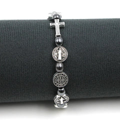 VILLWICE Catholic Rosary Bracelet St. Benedict Medal Cross Prayer Bracelets Hematite Beads Religion Jewelry Accessories