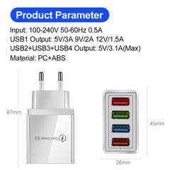 3A USB Charger 4 Port USB Quick Charge 3.0 EU US Plug Mobile Phone Charger Wall Adapter Portable Fast Charging For iPhone 16 Pro