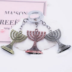 Vintage Metal Candlestick Keychains Judaism Menorah Trinket Jewelry Jerusalem Gift