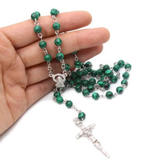 Malachite Cross Pendant Rosary Beads Chain Necklace Christian Religion Men Women Jewelry Charm Gifts