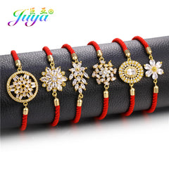 Juya Handmade Red Thread Bracelet Supplies Cubic Zirconia Flower Charm Bracelet For Women Fashion Adjustable String Bracelet