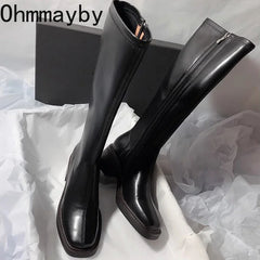 Vintage Thick Heel Women Knee High Boots Fashion Side Zippers Shoes Autumn Winter Ladies Concise Long Botas De Mujer Shoes