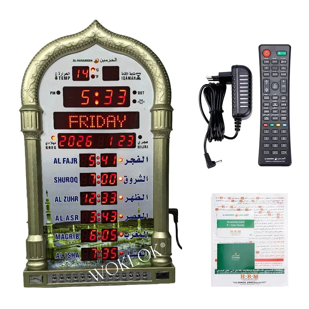 Islamic 12V Azan Mosque Calendar Muslim Prayer Wall Clock Alarm Islamic Mosque Azan Calendar Ramadan Home Decor with Remote Control