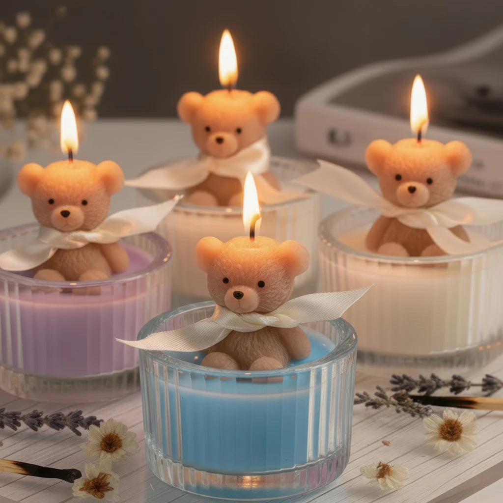Scented Luxury Teddy Bear Soy Candle in Glass Jar with Ribbon, Creamy Pastel Gifts for Women, Bridal Shower & Holiday Favors