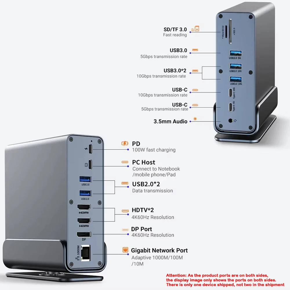 15 in 1 Hub Type-C Docking Station 4K@60Hz HDMI DisplayPort USB A RJ45 SD TF Audio 3.5mm Port Adapter for Macbook Pro Laptop PC
