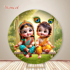 Krishna Round Backdrop Baby Baptism Backdrop Hindu God Krishna Radha Yashoda Circle Cover Indian Wedding Photography Prop