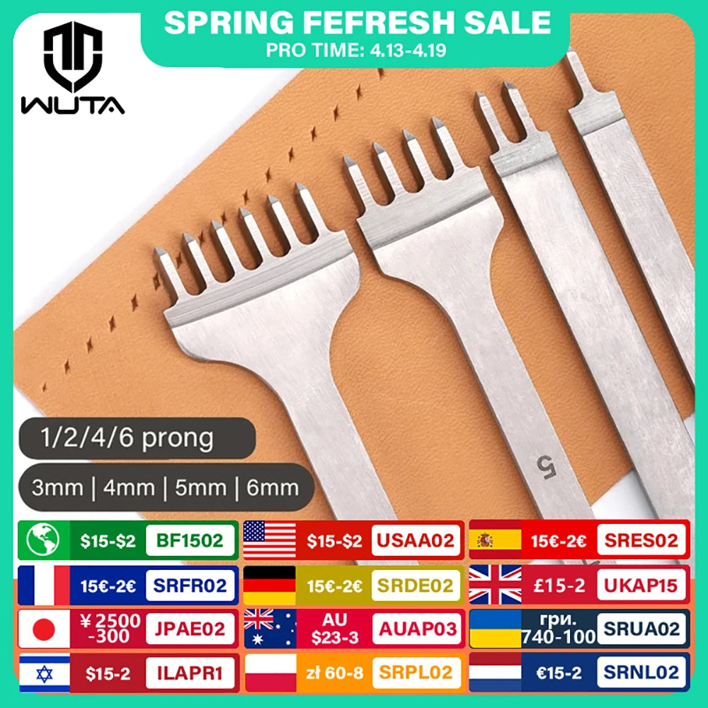 WUTA 1Set 4pcs Basic Leather Chisel Tool Diamond Pricking Iron Hole Punch Stitching Leather Craft tools 3/4/5/6mm 1-2-4-6 teeth