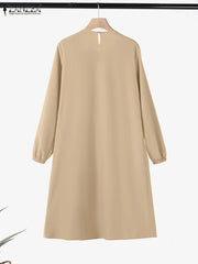 ZANZEA Women Chic Long Tops Islamic Muslim Fashion Hijab O-Neck Wrapped Pleated Hem Blouses Modest Tied Long Sleeve Solid Tunics