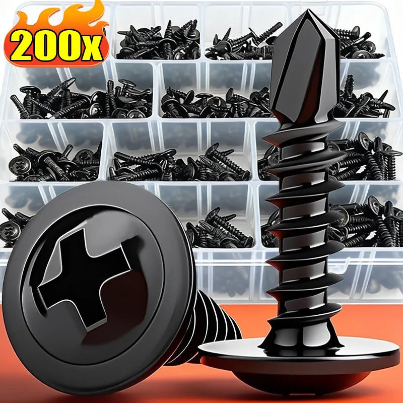 200/50PCS Black Stainless Steel Self-tapping Screws Round Flat Head Drill-Tap Screw Cross Phillips Fasteners Hardware 13/19/25mm