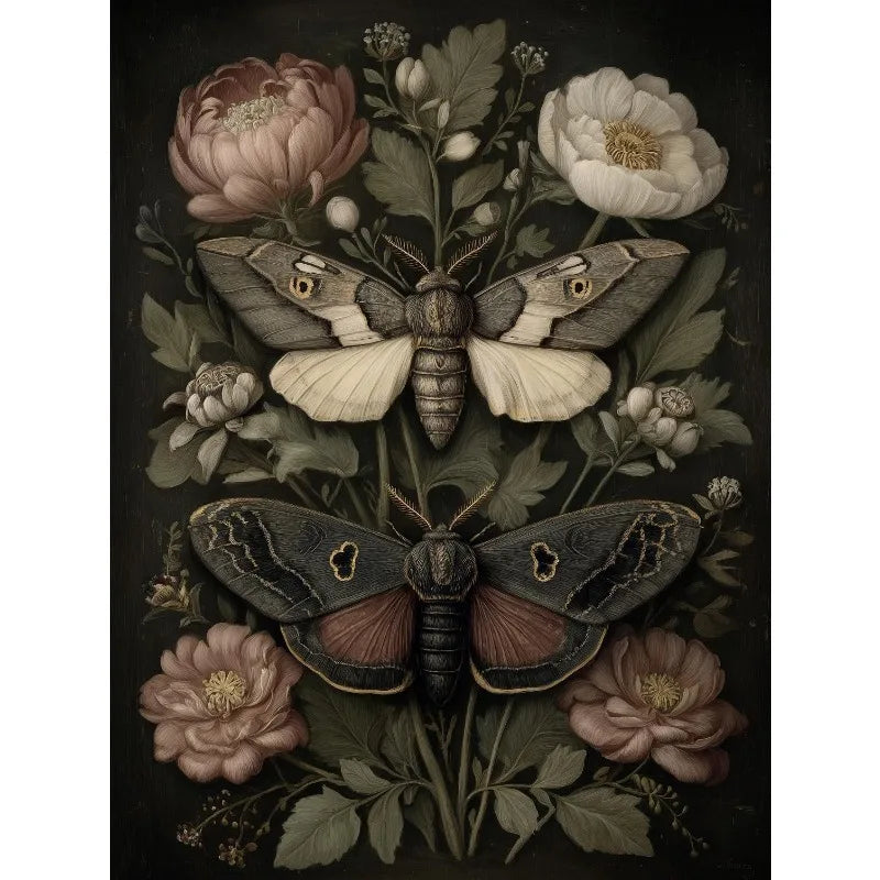 Vintage Dark Gothic Insect Moth Wood Animals Deer Owl Botanical Poster Canvas Painting Wall Art Pictures Home Interior Decor