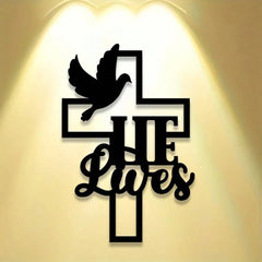 Faith Hope Love Christian Cross Metal Wall Art 15.75in Black Gold Dove Home Decor