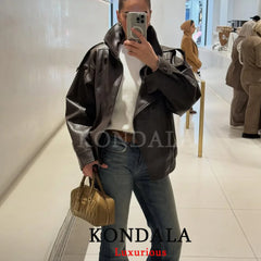 KONDALA Black Leather Jacket – Oversized Spring Women  Streetwear Coat