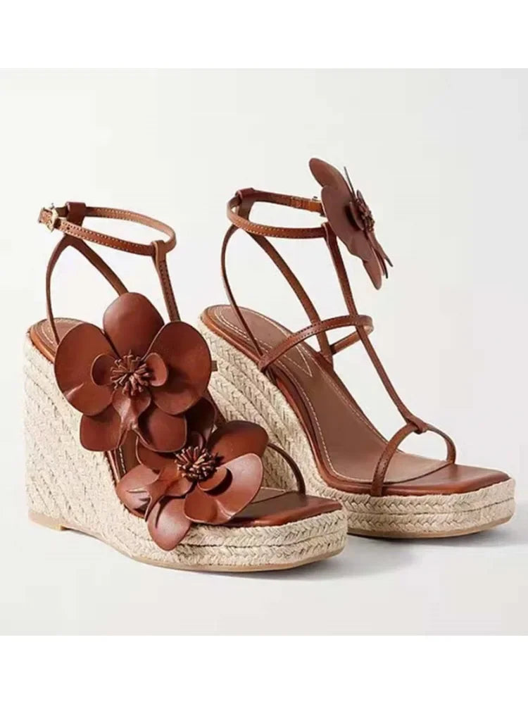 Fashion Flower Platform Wedges Sandals T Strap Open Toe Runway 2026 Summer Women Dress Shoes Braided Shoes