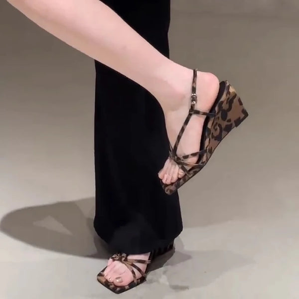 Leopard Wedge Sandals Summer New Square Head Cross Thin Belt with A Line Buckle Non-slip Wear-resistant High Heels shoes