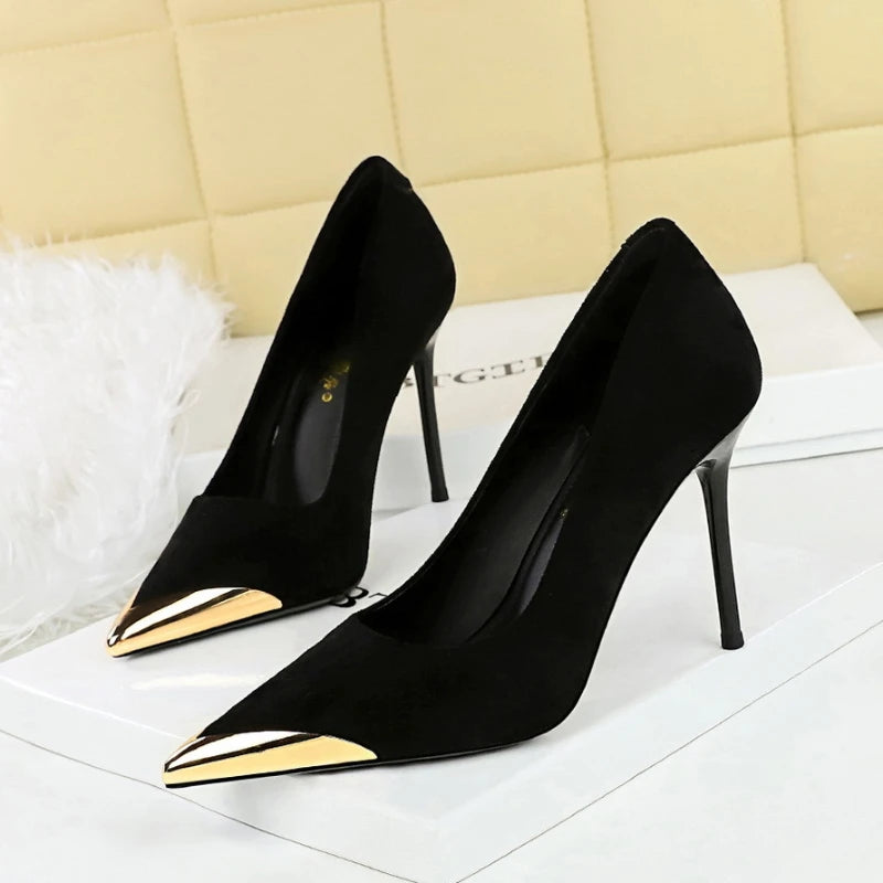 European American Banquet Women's Shoes High Heels Thin Heels  Suede Shallow Mouth Metal Pointed Toe Iron Toe Slim Single Shoes
