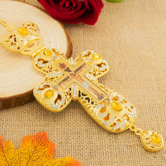 New 7.5" Crown Top Eastern Orthodox Cross Pendant Gold Plated Yellow Gemstones and Rhinestones Luxury Gift Box for Priest Gift