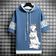 Men's Japan Fashion Men's Hoodies Summer Men Clothing Cartoon Casual Harajuku Streetwear Print Hooded Top Short Sleeve Sweatshirts Men