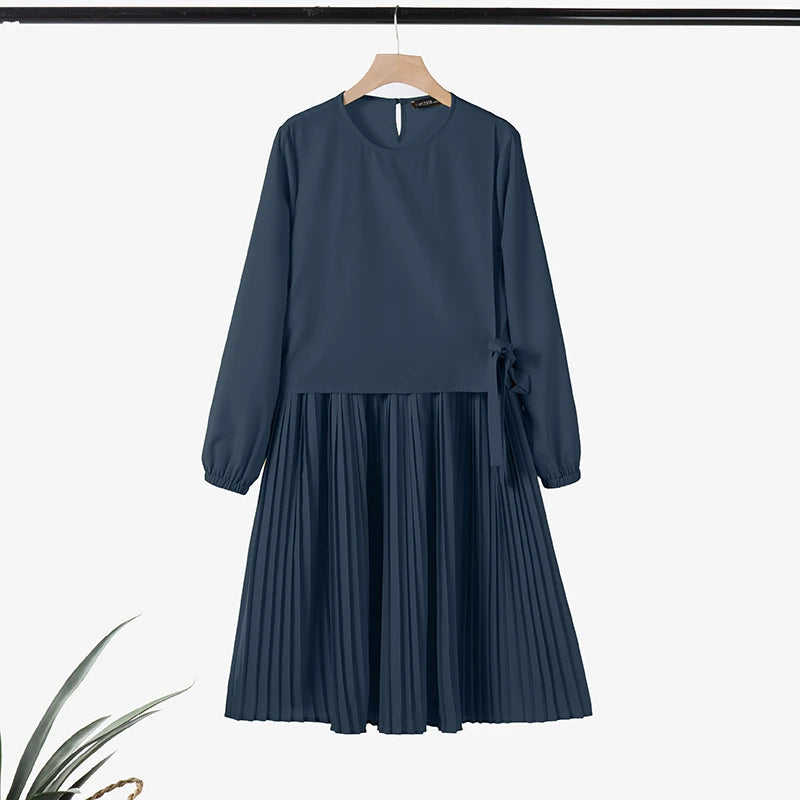 ZANZEA Women Chic Long Tops Islamic Muslim Fashion Hijab O-Neck Wrapped Pleated Hem Blouses Modest Tied Long Sleeve Solid Tunics