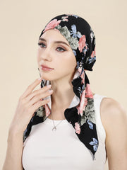 Muslim Fashion Print Hijab Turban Hats Long Tail Head Wraps Elastic Hijab Hats Breathable Chemo Cap For Women Girls
