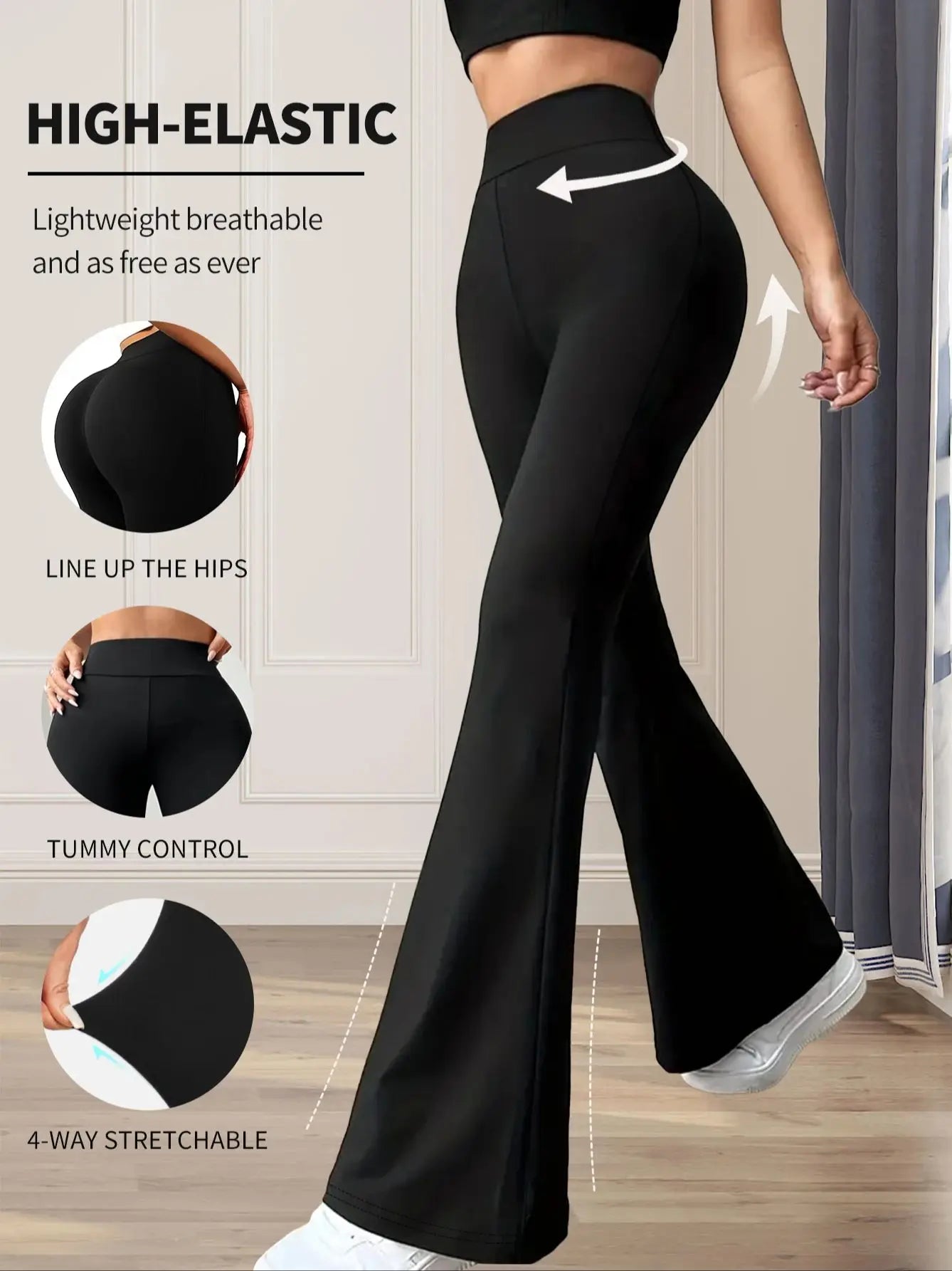 Women’s High-Waist Flared Wide-Leg Pants – Slim Fit Black