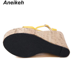 Aneikeh Fashion Shoes Woman Open Toe Platform Wedge Sandal for Woman Cutouts Super High Ankle Strap Gladiator Shoes Summer Heels