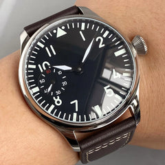 Retro Watch for Men Asia 6497 Hand Winding Movement Black White Mechanical Manual Winding Mineral Crystal 44mm Transparent Back