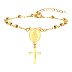 Vnox Rosary Bracelet for Women Girls, Gold Plated Stainless Steel Religious Cross and Virgin Mary Prayer Bracelets Gifts