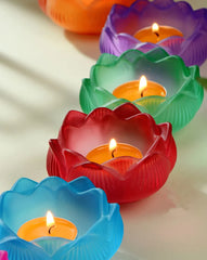 Colorful Glass Lotus Candle Holder Buddhist Altar Lamp Butter Lamp Stand, Ever-Burning Candlestick for Worship & Home Decoration
