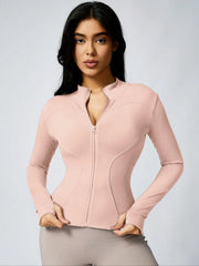 Women's Solid Color Zipper Turtleneck Sports Jacket, Long-Sleeved Sports Top, Gym Wear, Ladies' Sportswear for Indoor and Outdoo