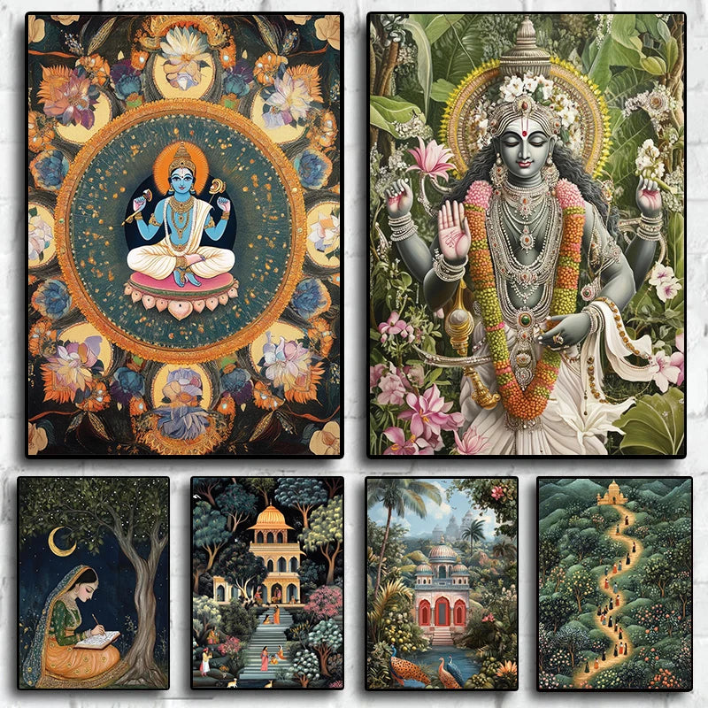 Hindu God Spiritual Serene Forest Temple Scene Indian Nature&Wildlife Poster Canvas Painting Wall Art Pictures Home Decor
