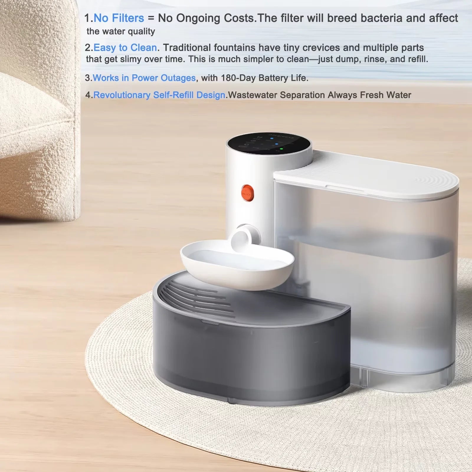 Smart Pet Water Fountain,3L Wireless Cat Water Fountain No Filter,Battery Operated Ultra Silent Cat Fountain Rechargeable