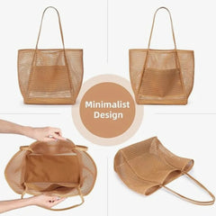1pcs Foldable Beach Bag with Mesh Net, Mesh Bag, Women's Shoulder Bag, Essential for Outdoor Travel and Leisure Activities