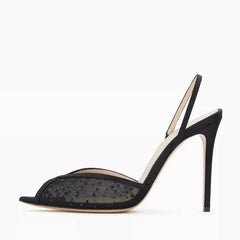 Summer new pointed fish mouth lace mesh rhinestone rivet wedding shoes thin high-heeled banquet dress large size women's sandals Heels