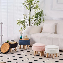 Velvet Round Ottoman with Wood Legs Multifunctional Footrest