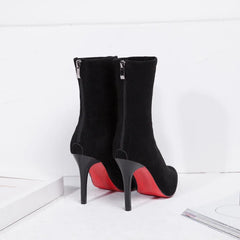 Autumn Winter New High Heel Velvet Short Boots Pointed Toe Solid Color Thin Heel Suede Versatile Sock Boots Stretch Women Shoes