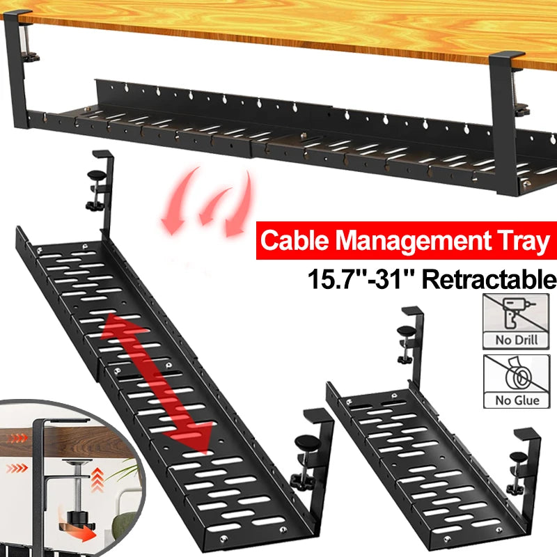 Extendable metal under desk cable management tray with clamp-on mounting