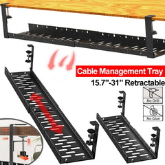 Extendable metal under desk cable management tray with clamp-on mounting