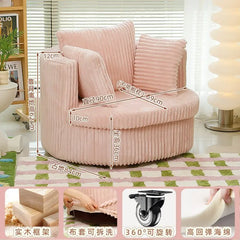 Lounge Lazy Movable Swivel Accent Sofa Chair with Wheels Comfy Soft Leisure Reading Chair Upholstered Cushion Recliner Sofa