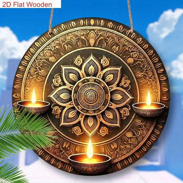 2D Flat One Piece Wooden Traditional Oil Lamp And Artistic Painted Design Happy Diwali Round Sign for Decorating Home Bedroom Li