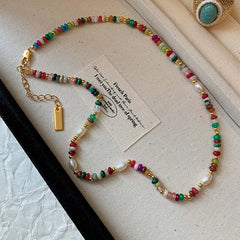 Colorful Beads & Freshwater Pearl Necklace – Retro Gold Clavicle Chain